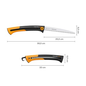 Seghetto a mano Fiskars Xtract SW75 con dentatura grossa, aperto e chiuso con dimensioni.