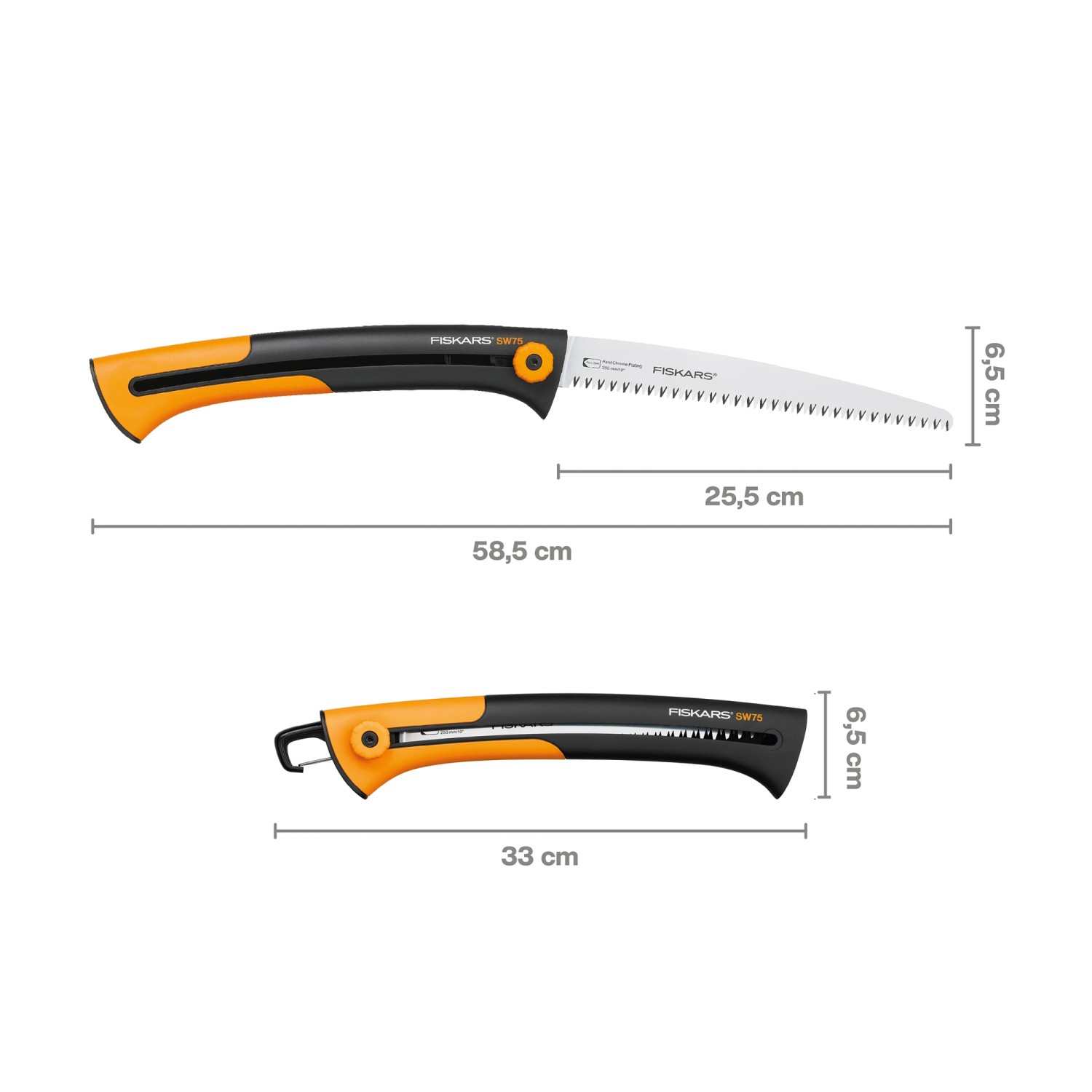 Seghetto a mano Fiskars Xtract SW75 con dentatura grossa, aperto e chiuso con dimensioni.