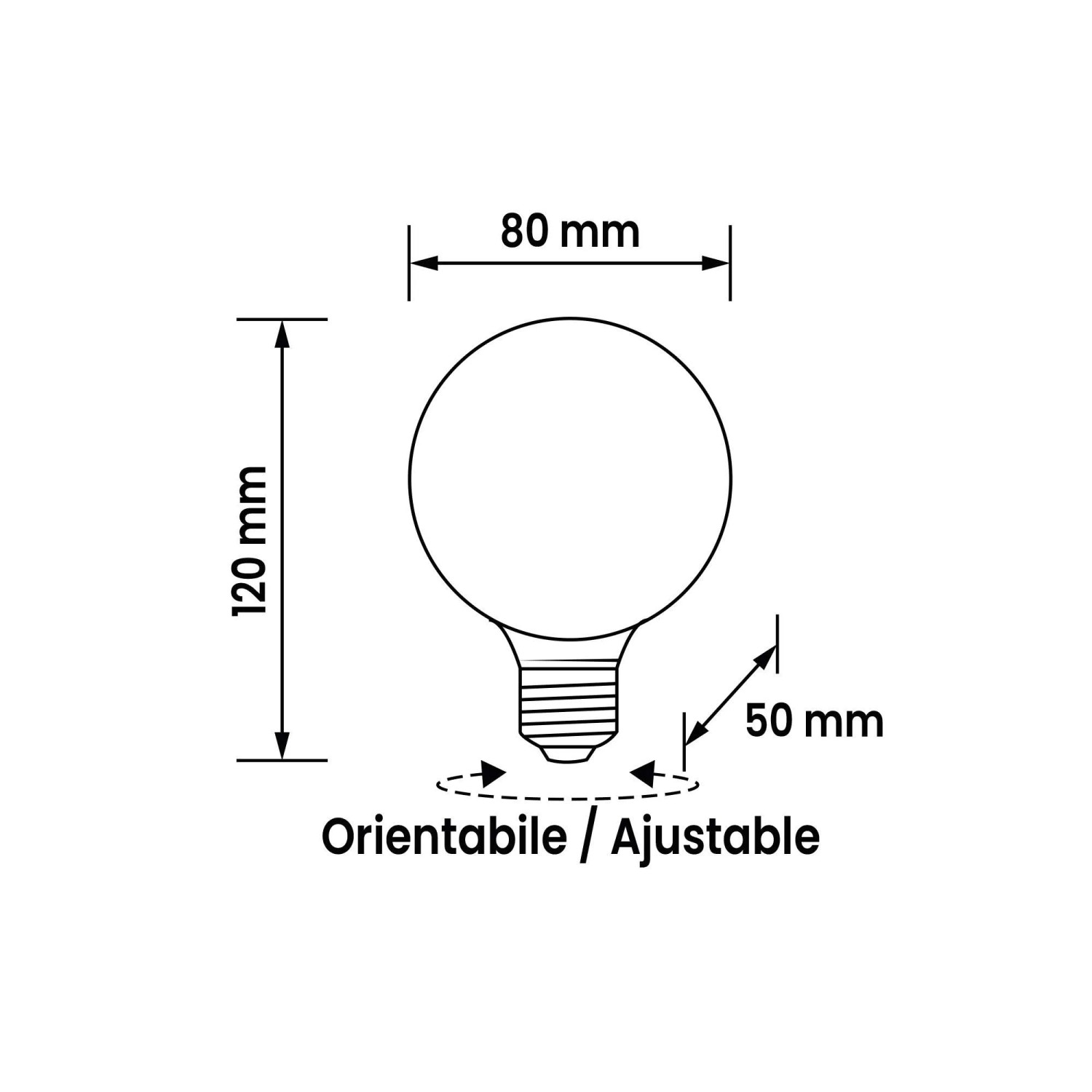 Disegno tecnico di una lampadina LED E27 t.b.t. con dimensioni.