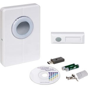 Set OBI con campanello senza fili, chiavetta USB, CD, batterie e materiale di montaggio.