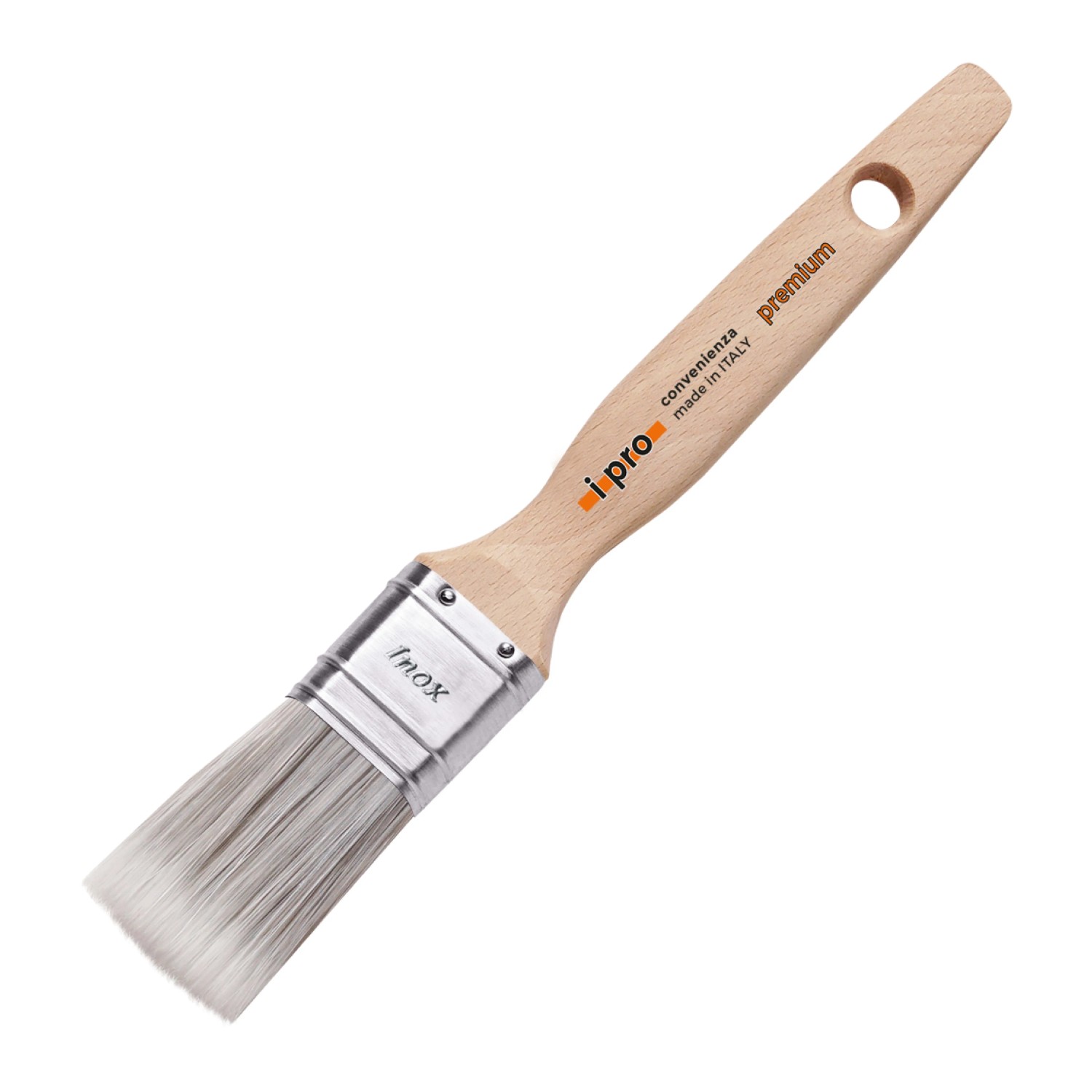 Pennello t.b.t. con manico in legno e setole grigie.