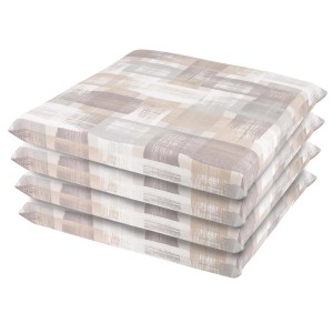 Pila di cuscini per sedie t.b.t. con motivo astratto nei toni del beige e del grigio.