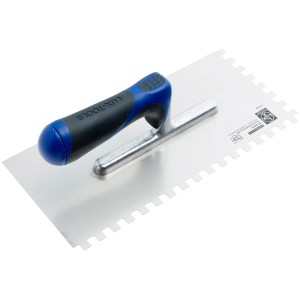 Cazzuola dentata LUX Comfort, acciaio inox, 8x8mm, con manico blu-nero. Ideale per adesivi per piastrelle e pavimenti.