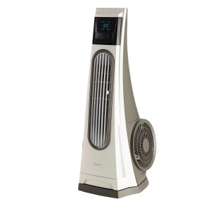 Ventilatore a torre moderno e sottile in bianco e grigio con display digitale.