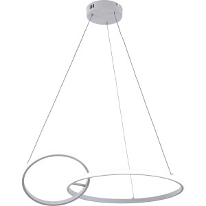 Lampada a sospensione LED moderna con due anelli intrecciati per spazi abitativi.