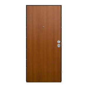 Porta blindata marrone con spioncino e maniglia argentata. Porta robusta per l'ingresso di casa.