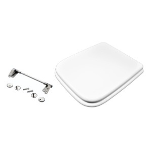 Sedile WC t.b.t. bianco con accessori di montaggio in metallo.