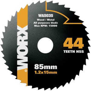 Lama per sega circolare Worx WA5035 con 44 denti per legno, PVC e alluminio.