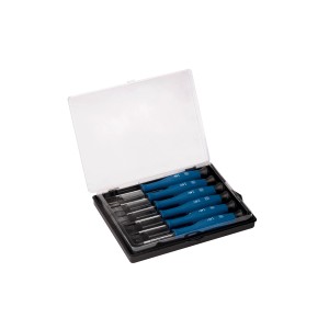 Set cacciaviti di precisione LUX, 6 pezzi, con manico blu in scatola aperta.