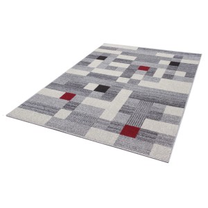 Tappeto moderno con motivo geometrico in grigio, bianco e rosso.