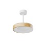 Plafoniera LED moderna con cornice in legno e diffusore bianco.