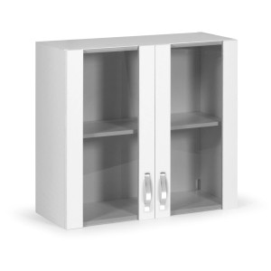 Vetrina bianca t.b.t. con due ante in vetro e maniglie argentate.