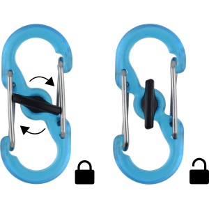 Nite Ize KeyRing Locker S-Biner, moschettone blu con blocco in posizione aperta e chiusa.