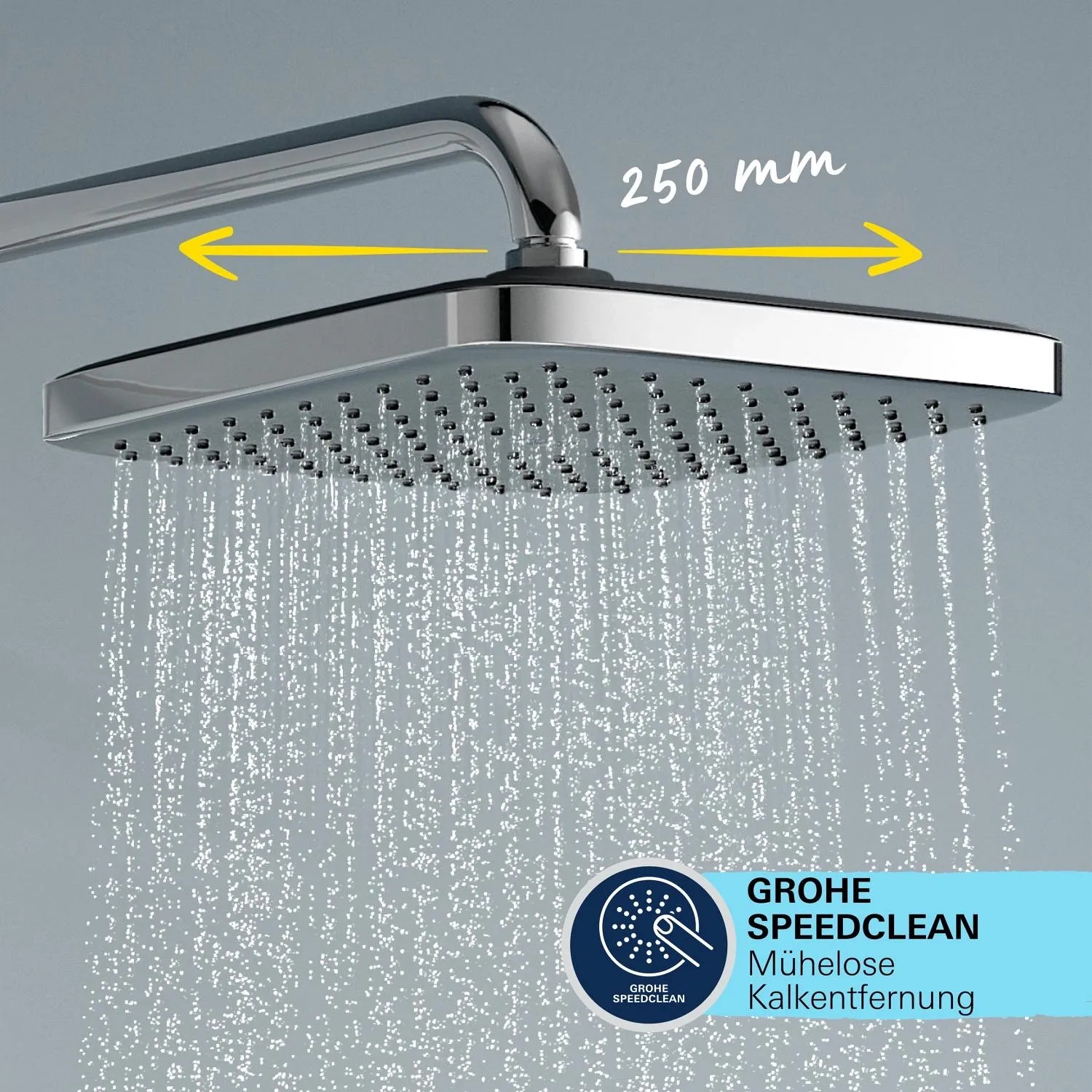 Soffione doccia quadrato Grohe Vitalio Comfort 250 Flex cromato con getto d'acqua e funzione SpeedClean.