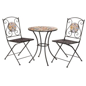 Set bistrot con tavolo a mosaico e due sedie per il giardino.