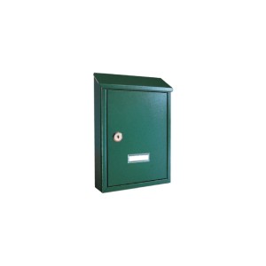 Cassetta postale verde con serratura e targhetta per montaggio a parete.