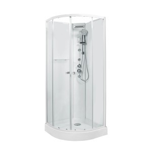 Box doccia semicircolare t.b.t. con set doccia e getti massaggianti, finitura bianca.