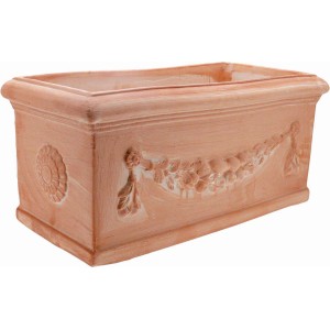 Fioriera rettangolare in terracotta con decorazioni a rilievo per fiori da balcone.