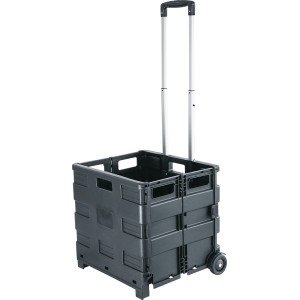 Carrello da officina pieghevole nero con manico telescopico e ruote.