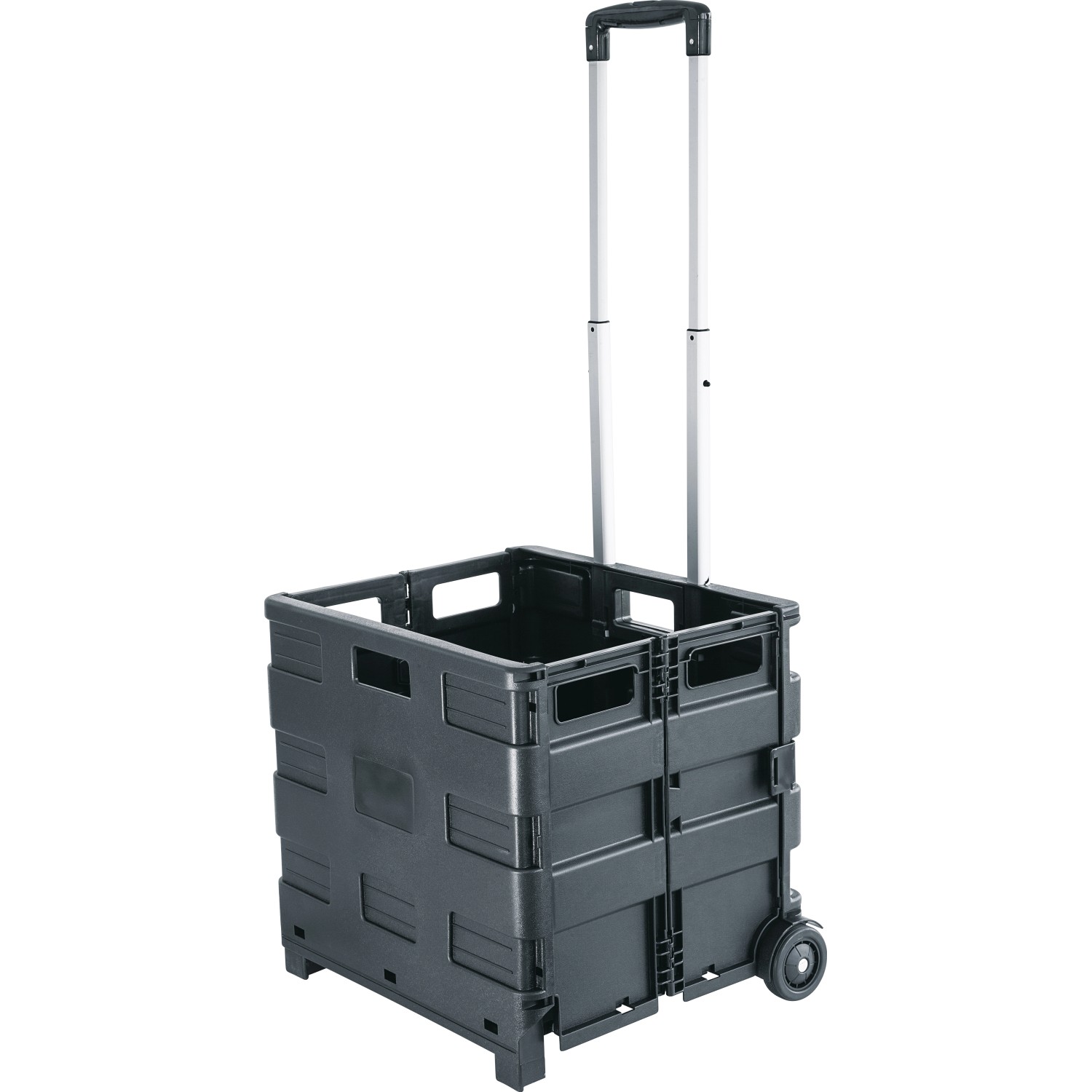 Carrello da officina pieghevole nero con manico telescopico e ruote.
