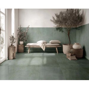 Piastrelle per pavimenti verdi posate. Stanza con panca e decorazioni.
