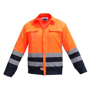Giacca da lavoro arancione con strisce riflettenti per alta visibilità.