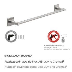 Porta asciugamani t.b.t. in acciaio inox spazzolato. Montaggio a parete con viti o colla.