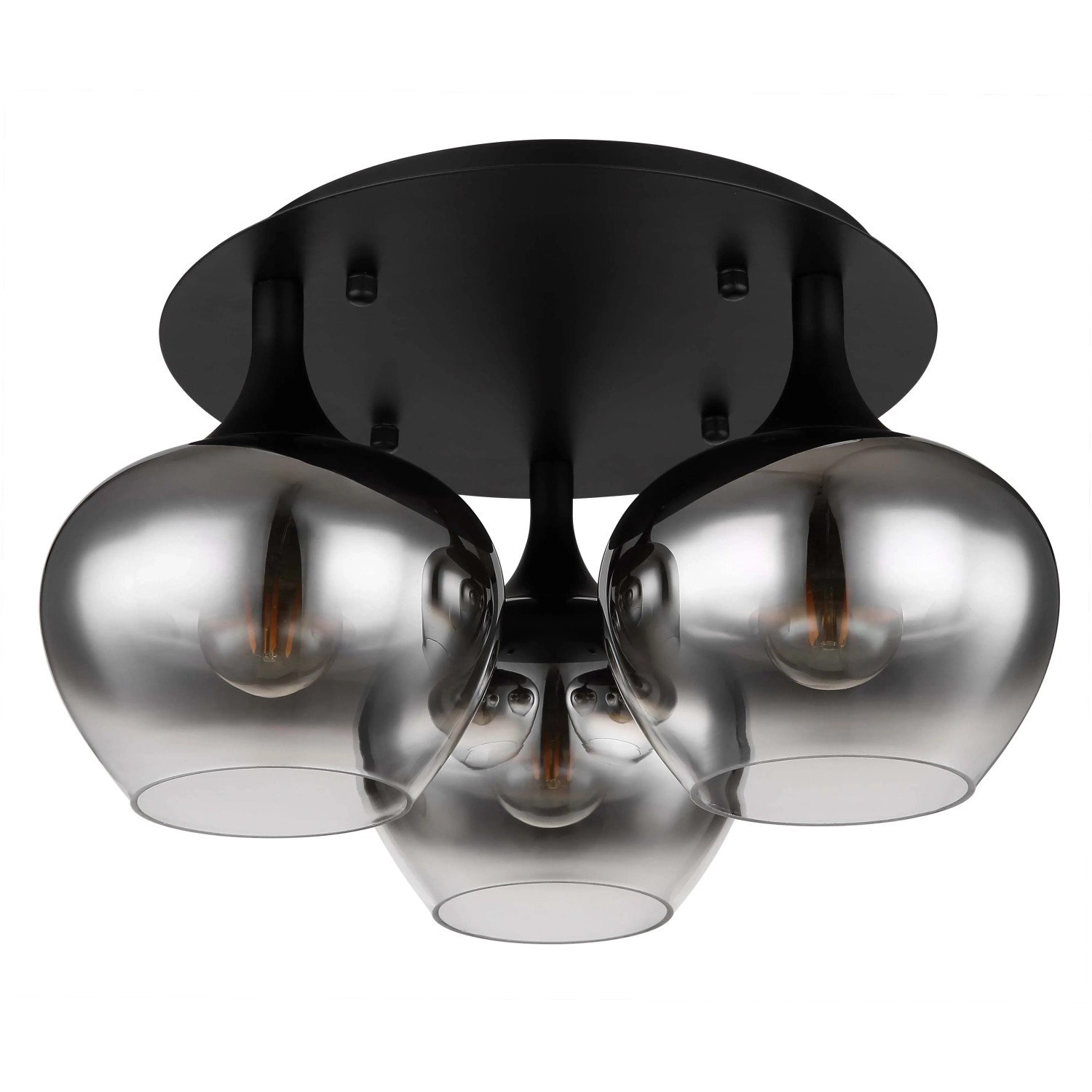 Plafoniera Globo Maxy nera con 3 paralumi in vetro fumé (Ø 45cm).