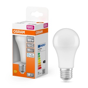 Lampadina LED Osram E27 a forma di lampadina, 13W, 1521 lumen, luce bianca diurna, accanto alla confezione.