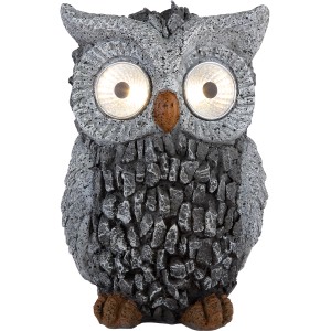 Gufo solare a LED Globo grigio in plastica per il giardino. Luce decorativa con luce bianca calda.