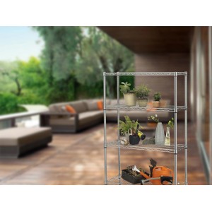 Scaffale t.b.t. argentato a quattro ripiani, ideale per giardino o terrazzo.