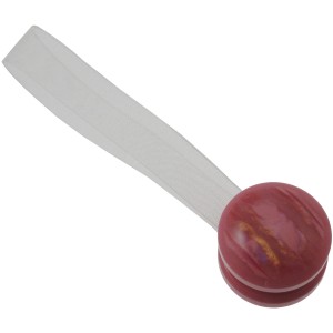 Fermaglio rosso per tende in tessuto con fascia bianca.