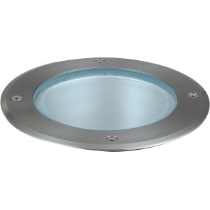 Faretto da incasso per esterno t.b.t. rotondo con cornice argentata.