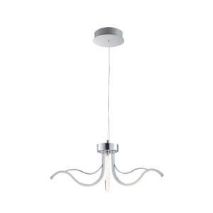 Moderna lampada a sospensione t.b.t. in look cromato per un'illuminazione interna elegante.