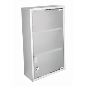 Armadietto per medicinali t.b.t. con anta in vetro satinato, chiudibile a chiave.