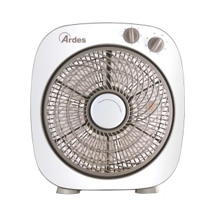 Ventilatore da tavolo Ardes bianco con comandi rotativi per velocità e timer.