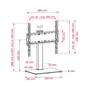 Disegno tecnico di un supporto TV con dimensioni per accessori.
