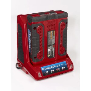 Caricabatterie t.b.t. rosso con batteria inserita. Stazione di ricarica batteria POWERPLEX.