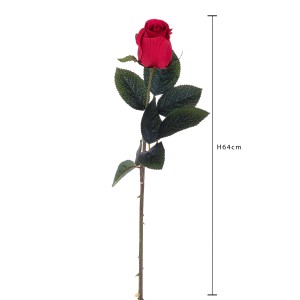 Rosa artificiale rossa decorativa con foglie verdi, altezza 64 cm.