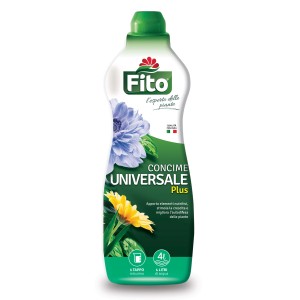 Fito Concime Universale Plus in flacone verde con immagini di fiori.