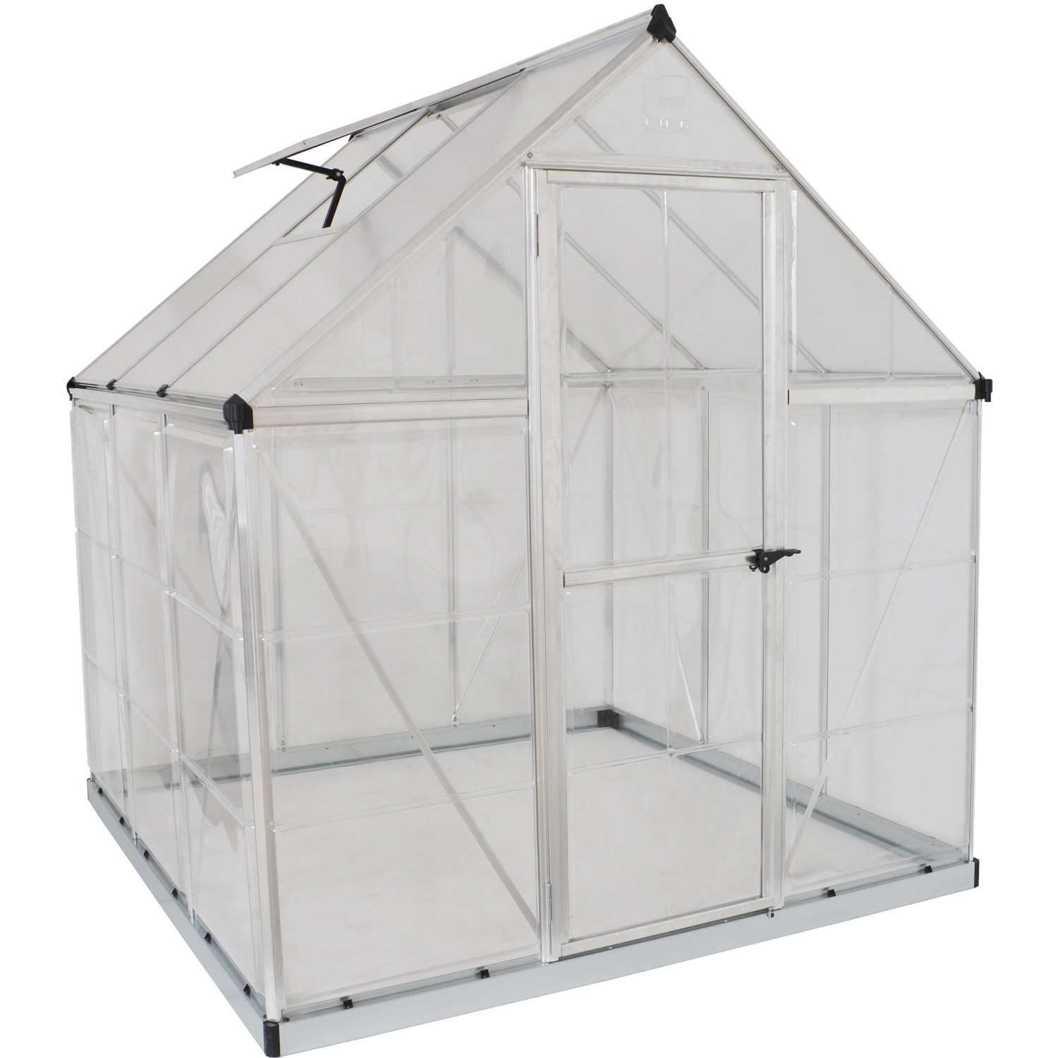 Serra Palram Canopia Hybrid, 1.9x1.9 m, telaio argento, pareti trasparenti, con finestra sul tetto e porta.