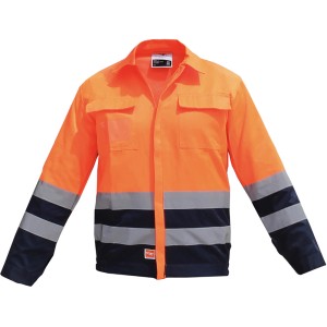 Giacca da lavoro arancione con strisce riflettenti per alta visibilità.