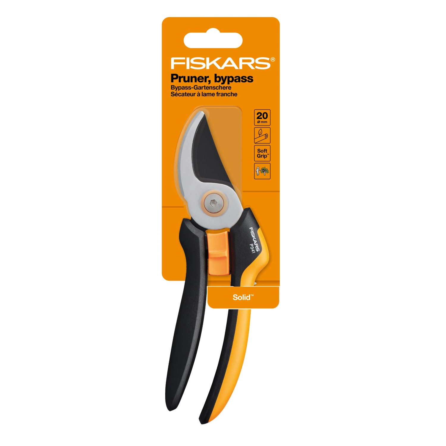 Forbici da giardino bypass Fiskars Solid P341-L, nero/arancio, per tagliare rami fino a 20 mm di diametro.