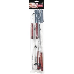Set di utensili per barbecue t.b.t. da 3 pezzi con manici in legno in confezione di plastica trasparente.