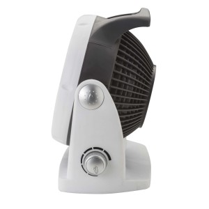 Termoventilatore elettrico t.b.t. compatto bianco con griglia nera e controllo rotativo.