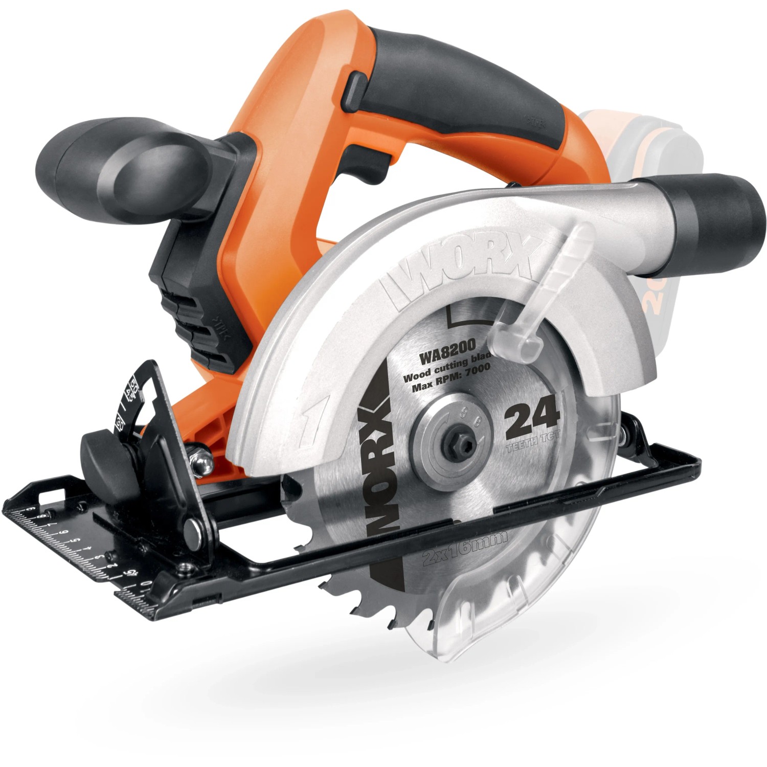 Sega circolare a batteria compatta Worx WX529.9, 20 V, arancio e nero, con lama e protezione.