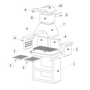 Vista esplosa di un barbecue in muratura con parti numerate.