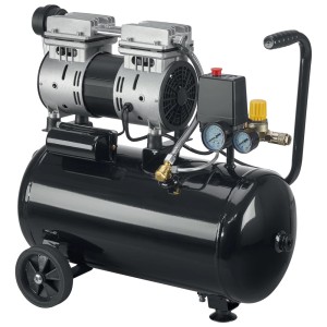 Compressore t.b.t. nero con due cilindri e manometri.