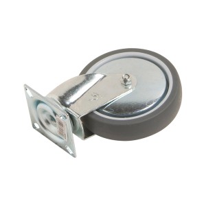 Rotella girevole con piastra, Ø 100 mm, portata 55 kg, pneumatico in gomma e cuscinetto liscio.