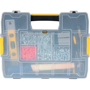 Organizer Stanley SortMaster Junior con diverse piccole parti come viti e tasselli.